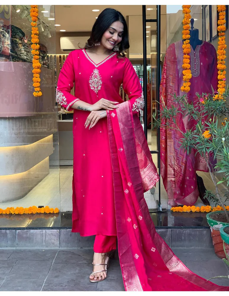 GoSriKi Women's Pink Straight Embroidered Kurta with Trouser & Dupatta