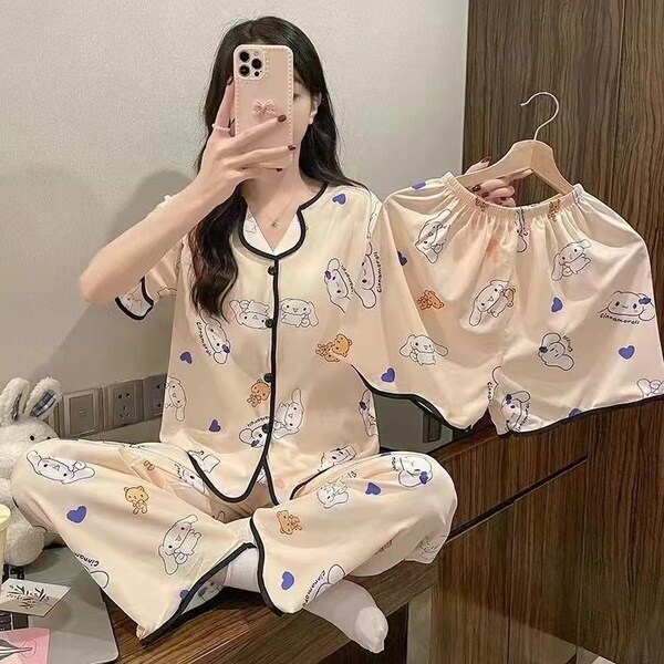 2025 new pajamas for women summer high-looking Internet celebrity three-piece cardigan short-sleeved shorts trousers sweet home wear