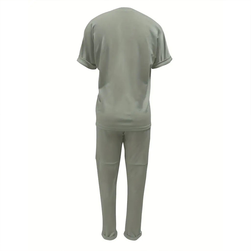 Women's Solid Color Short Sleeve Two-Piece Set - Round Neck, Stripe Trim, Tie Waist Belt, Pockets Spring&Summer Casual Outfit