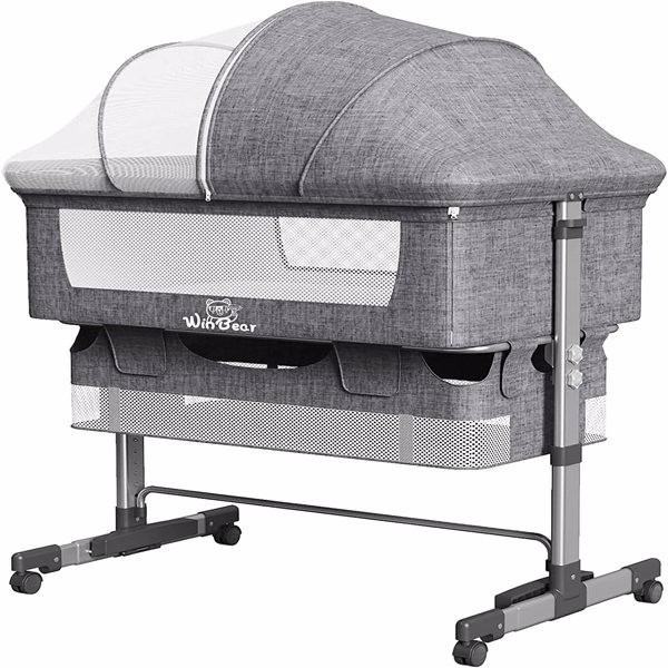 3-in-1 Baby Bedside Crib with Mosquito Net, Large Storage, Comfortable Mattress & Lockable Wheels – Grey